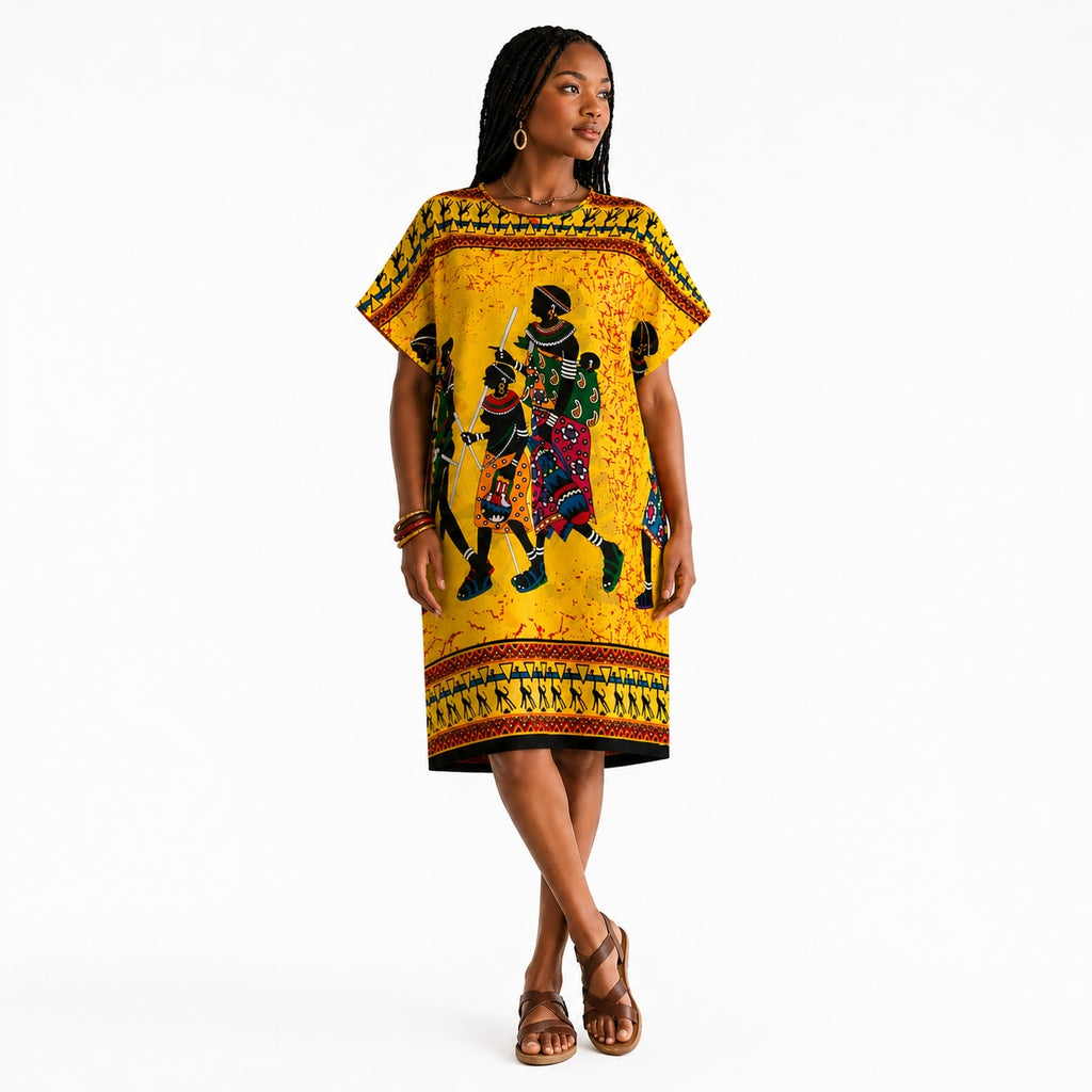 Women’s African Print Dashiki Shift Dress – Mustard Yellow Multicolour