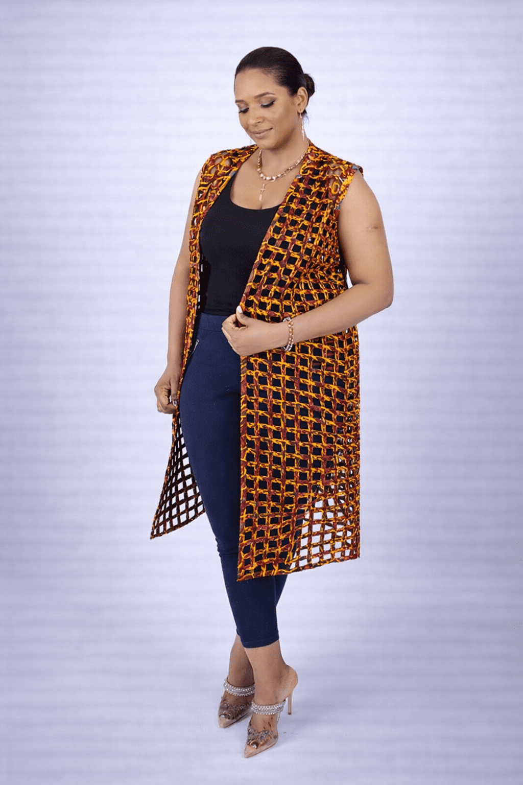 Mari Burnt Orange Ankara Weaved Midi Sleeveless Kimono