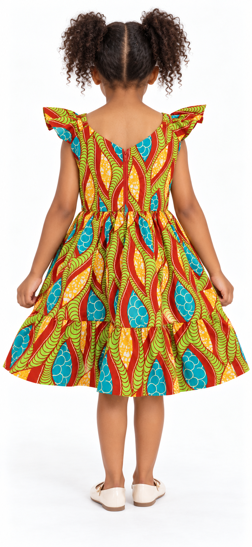 Girls African Print Midi Dress in vibrant green bird pattern, featuring flutter sleeves and a flared skirt.