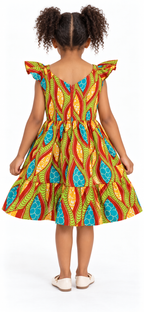 Girls African Print Midi Dress in vibrant green bird pattern, featuring flutter sleeves and a flared skirt.