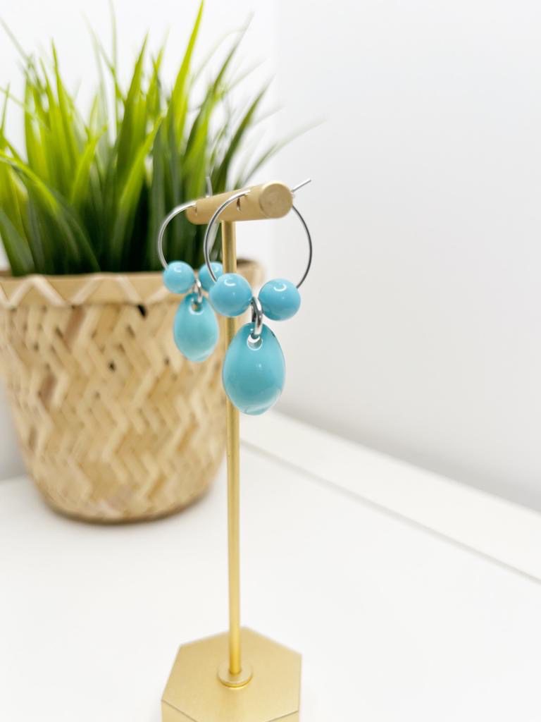 Bri Blue Cowrie Beads Dangle Drop Round Hoop Earrings