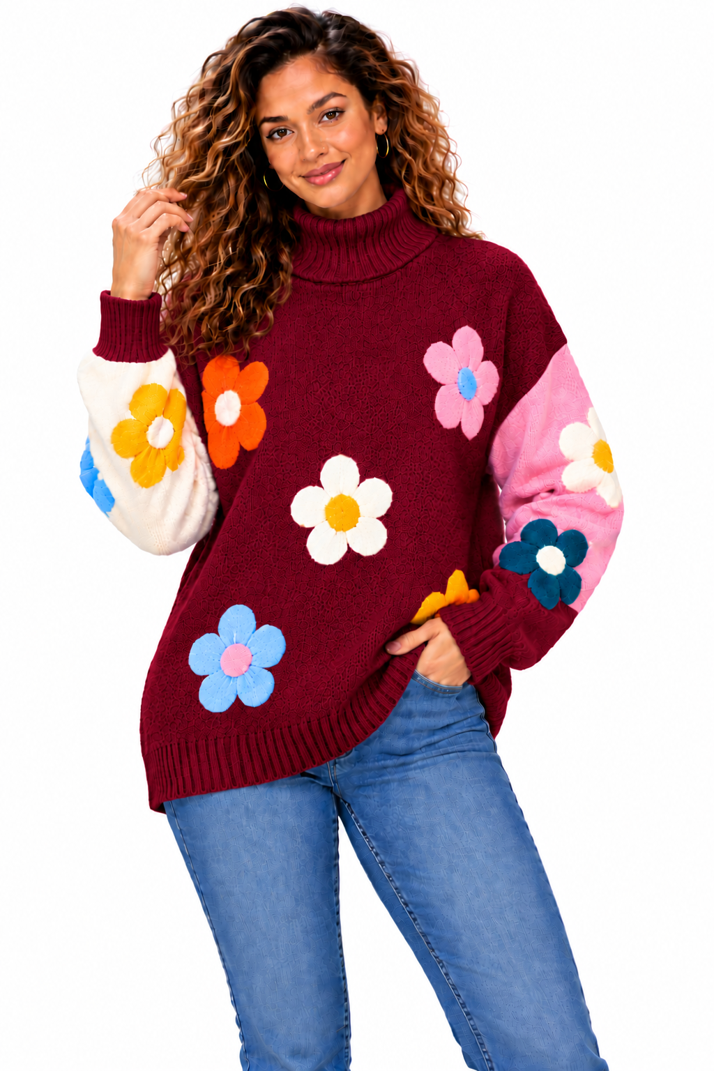 Women's Pink Colourful Floral Knit Jumper – Oversized Roll Neck Sweater