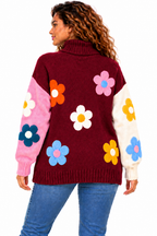 Women's Pink Colourful Floral Knit Jumper – Oversized Roll Neck Sweater