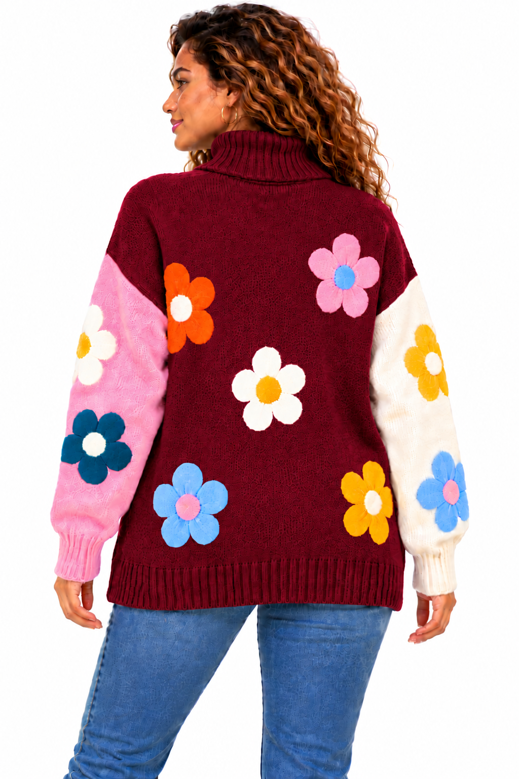 Women's Pink Colourful Floral Knit Jumper – Oversized Roll Neck Sweater