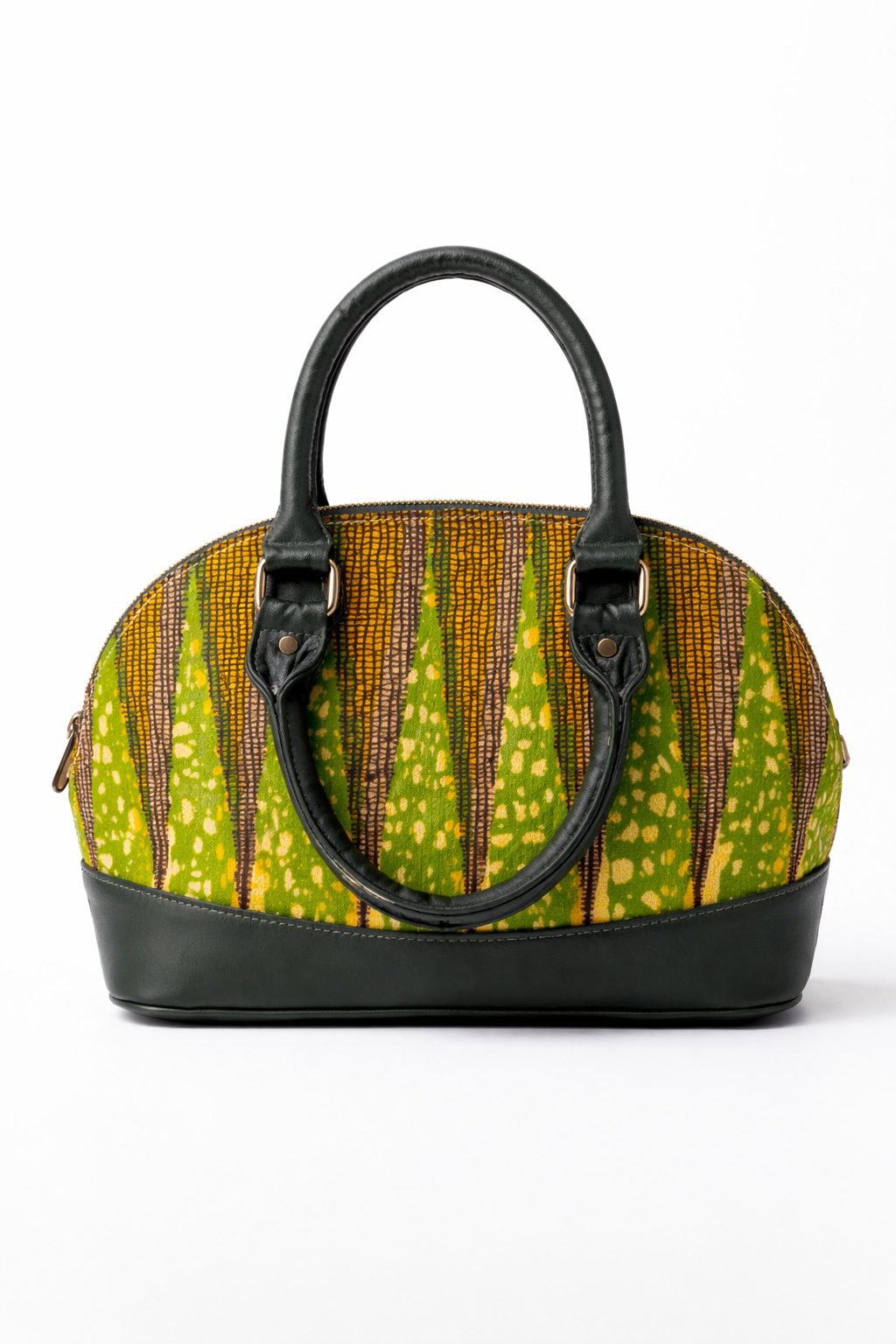 African Print Dome Handbag with Faux Leather Trim