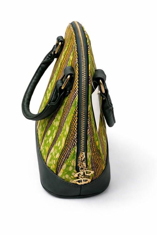 African Print Dome Handbag with Faux Leather Trim