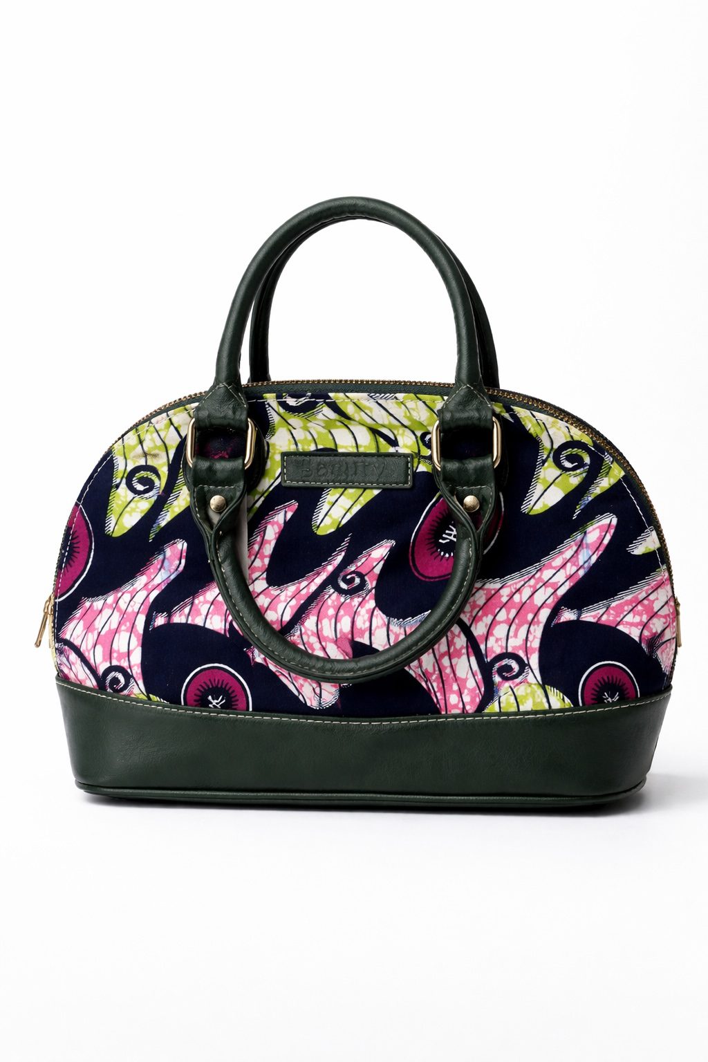 African Print Dome Handbag with Faux Leather Trim