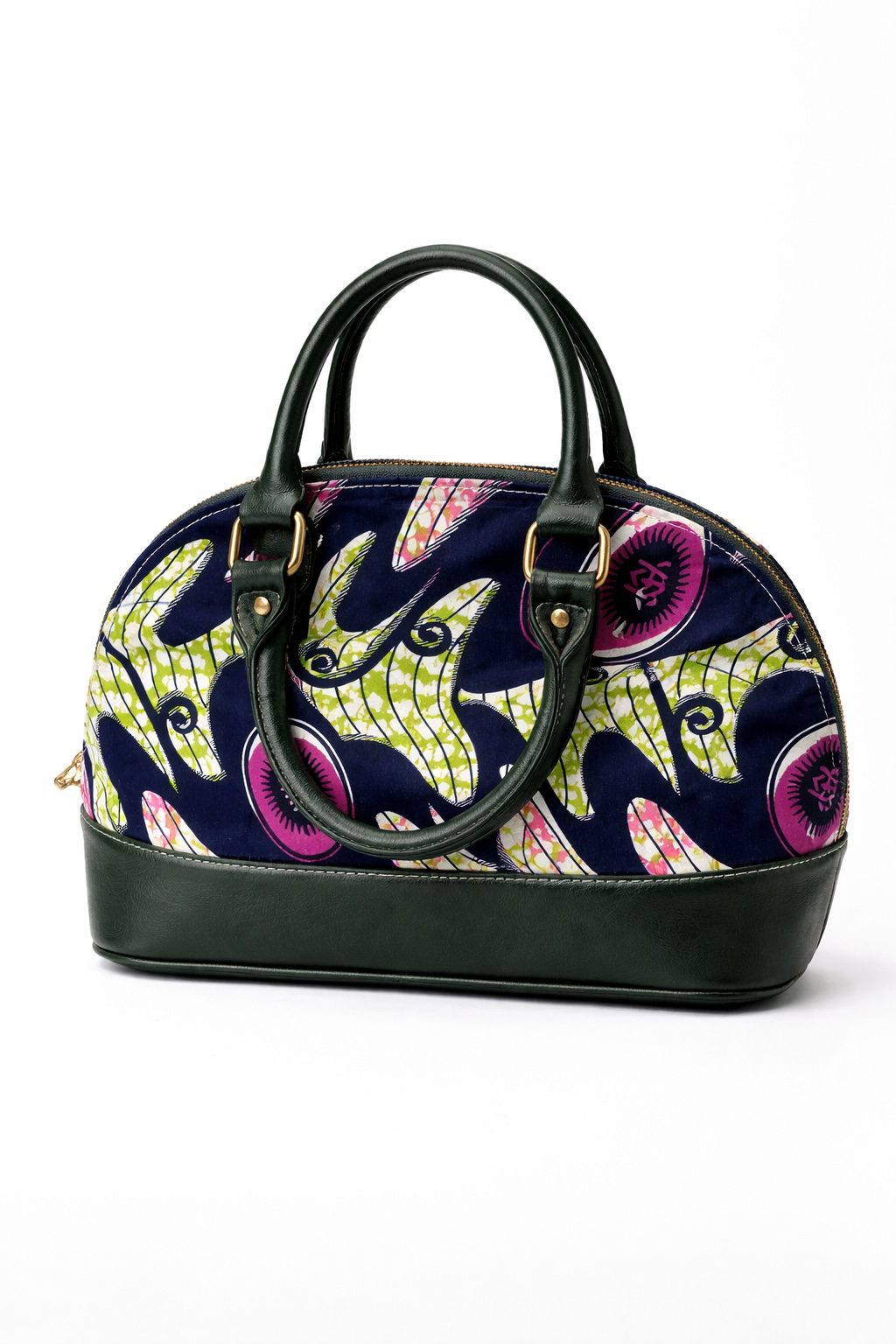 African Print Dome Handbag with Faux Leather Trim