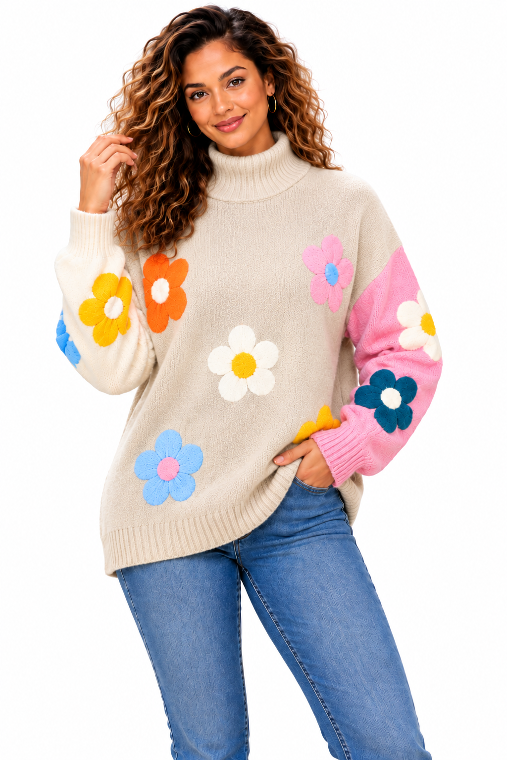 Women's Pink Colourful Floral Knit Jumper – Oversized Roll Neck Sweater