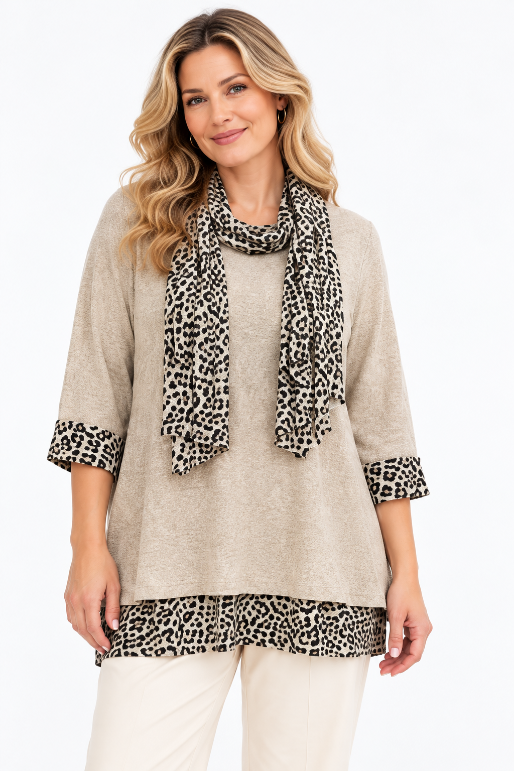 Women's Leopard Print Trim Tunic Top with Matching Scarf – Relaxed Fit – 11 Colours