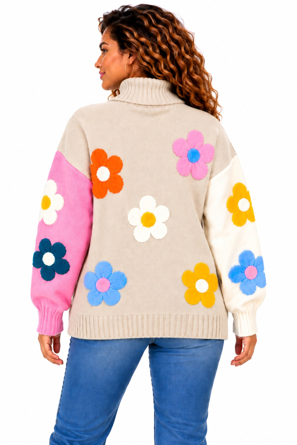 Women's Oversized Floral Knit Roll Neck Jumper – Colour Block Winter Sweater