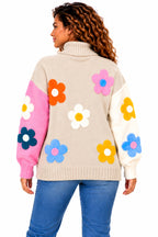 Women's Oversized Floral Knit Roll Neck Jumper – Colour Block Winter Sweater