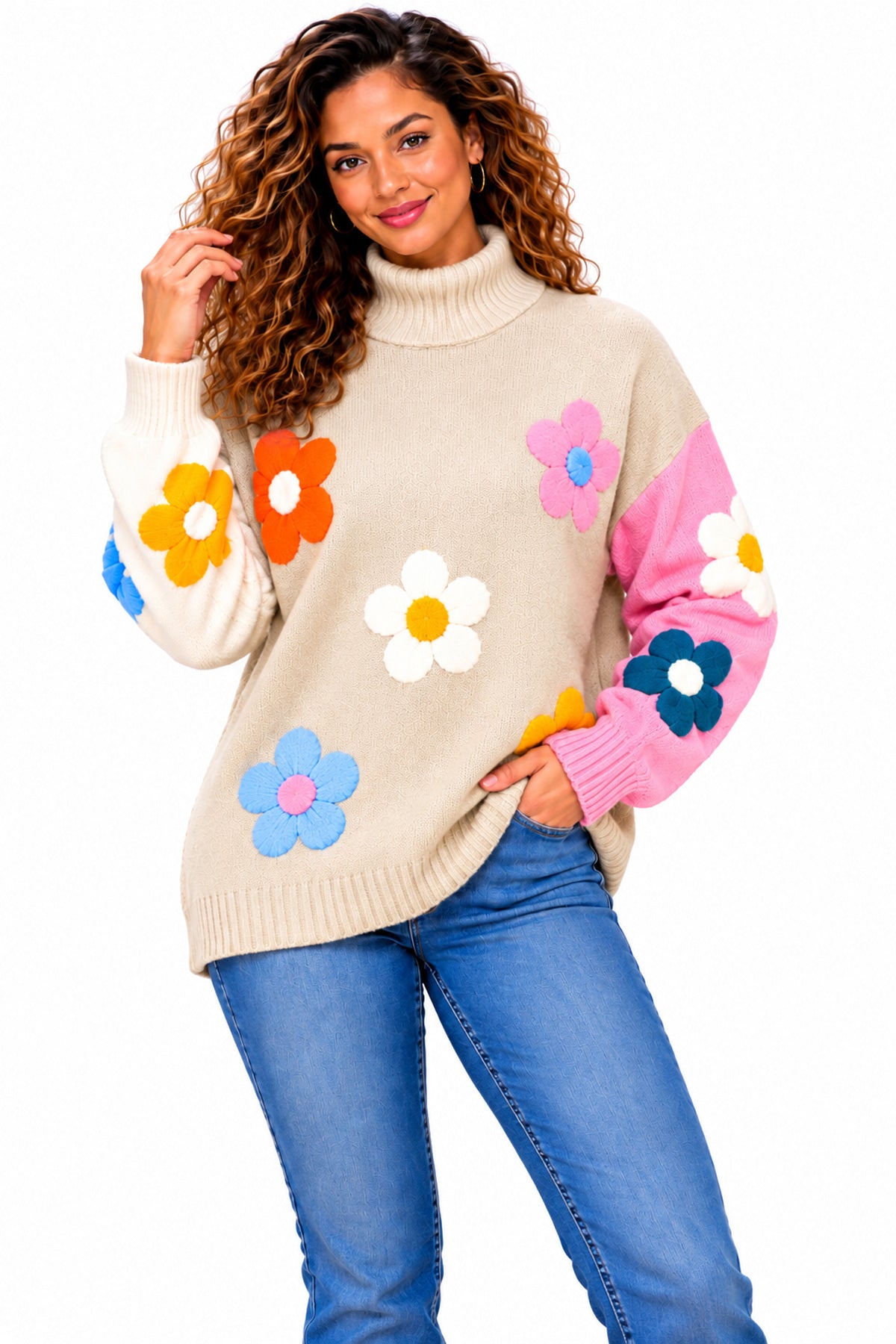 Women's Oversized Floral Knit Roll Neck Jumper – Colour Block Winter Sweater