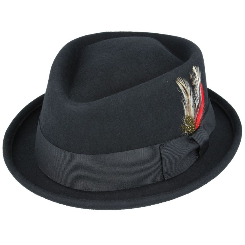 Classic Diamond Pork Pie Hat with Feather Decor