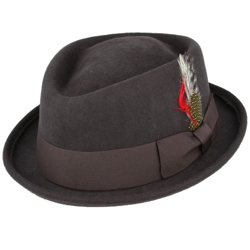 Classic Diamond Pork Pie Hat with Feather Decor