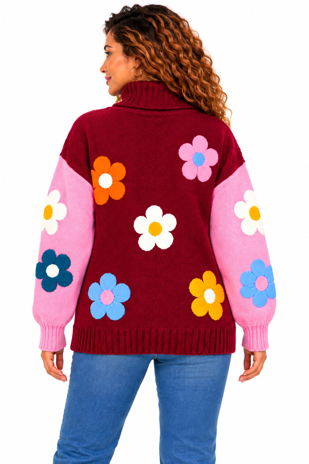 Women's Oversized Floral Knit Roll Neck Jumper – Colour Block Winter Sweater
