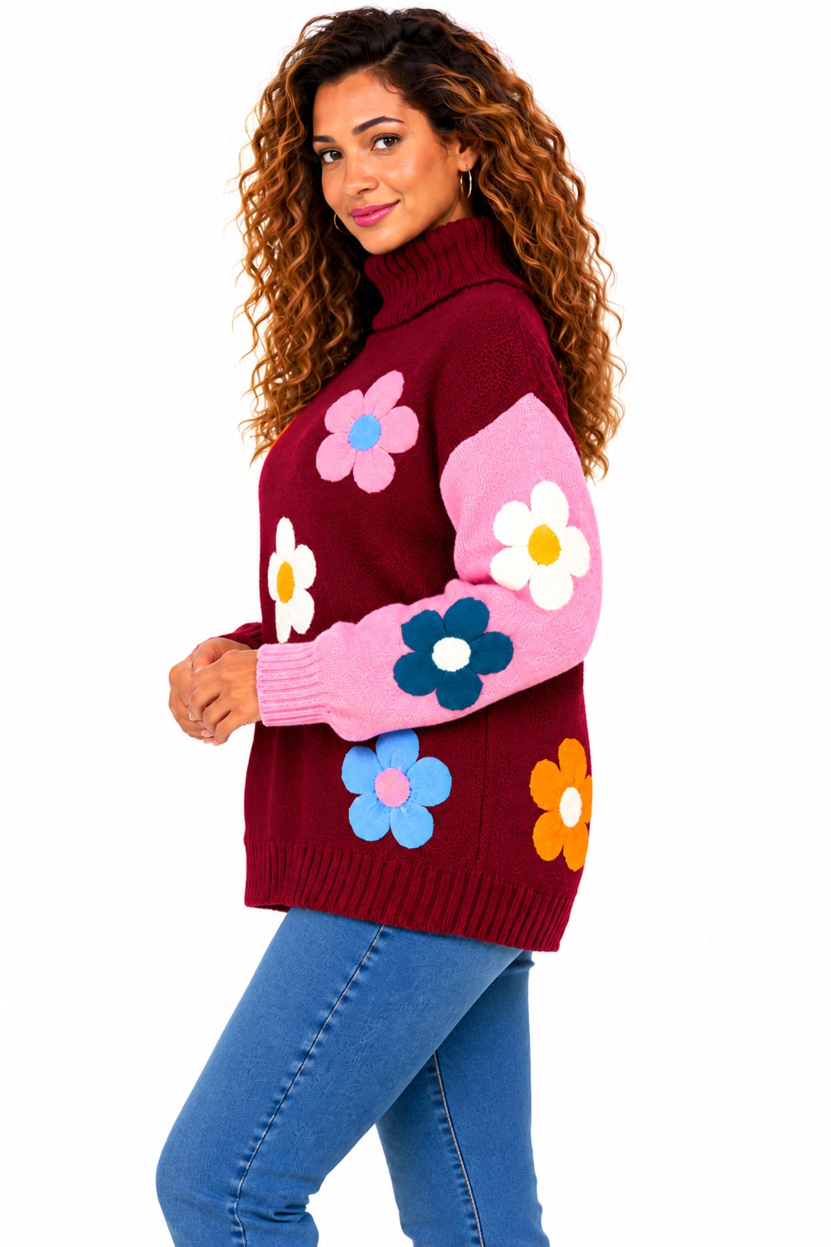 Women's Oversized Floral Knit Roll Neck Jumper – Colour Block Winter Sweater