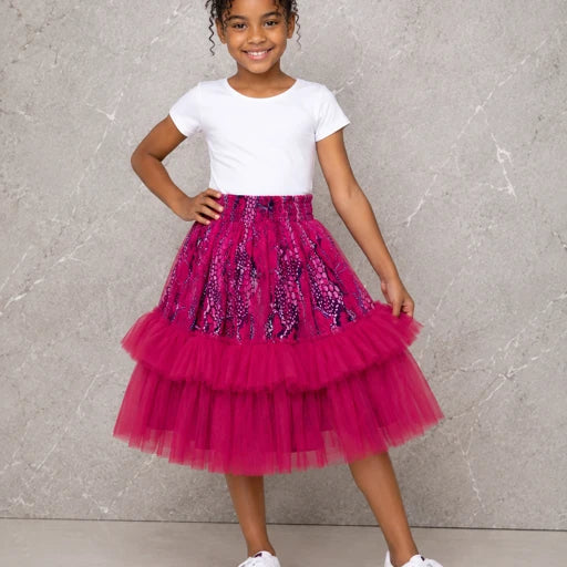 Girls African Print  Tulle Layered Skirt