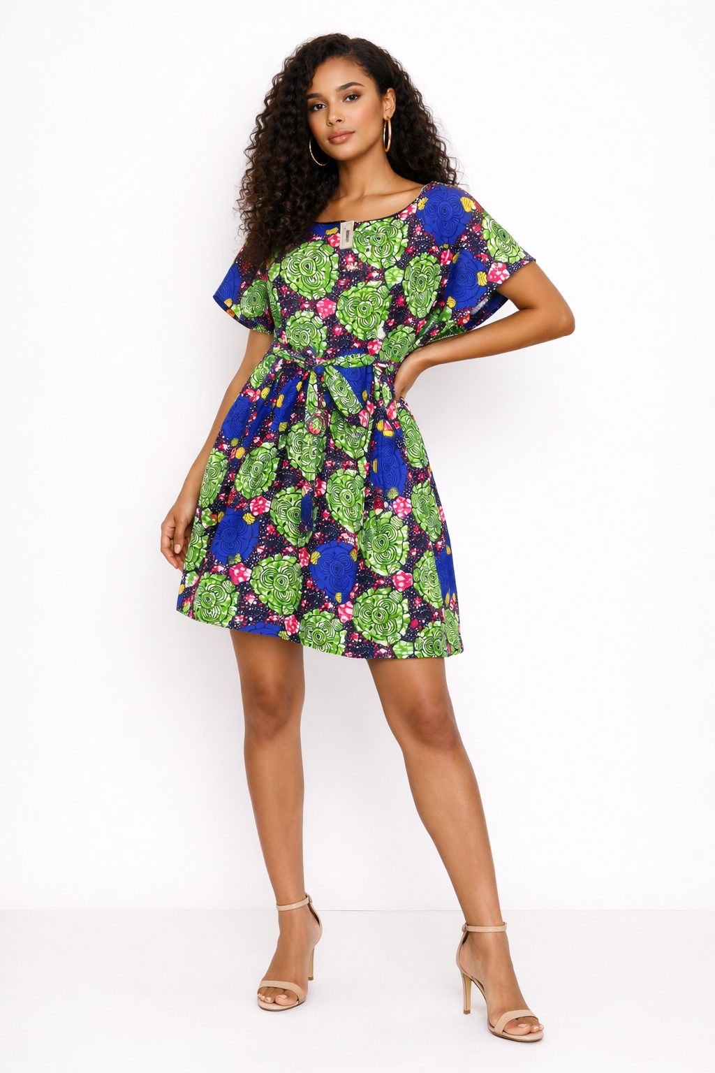 Green Blue African Print Mini Dress – Short Sleeve Belted Ankara Dress