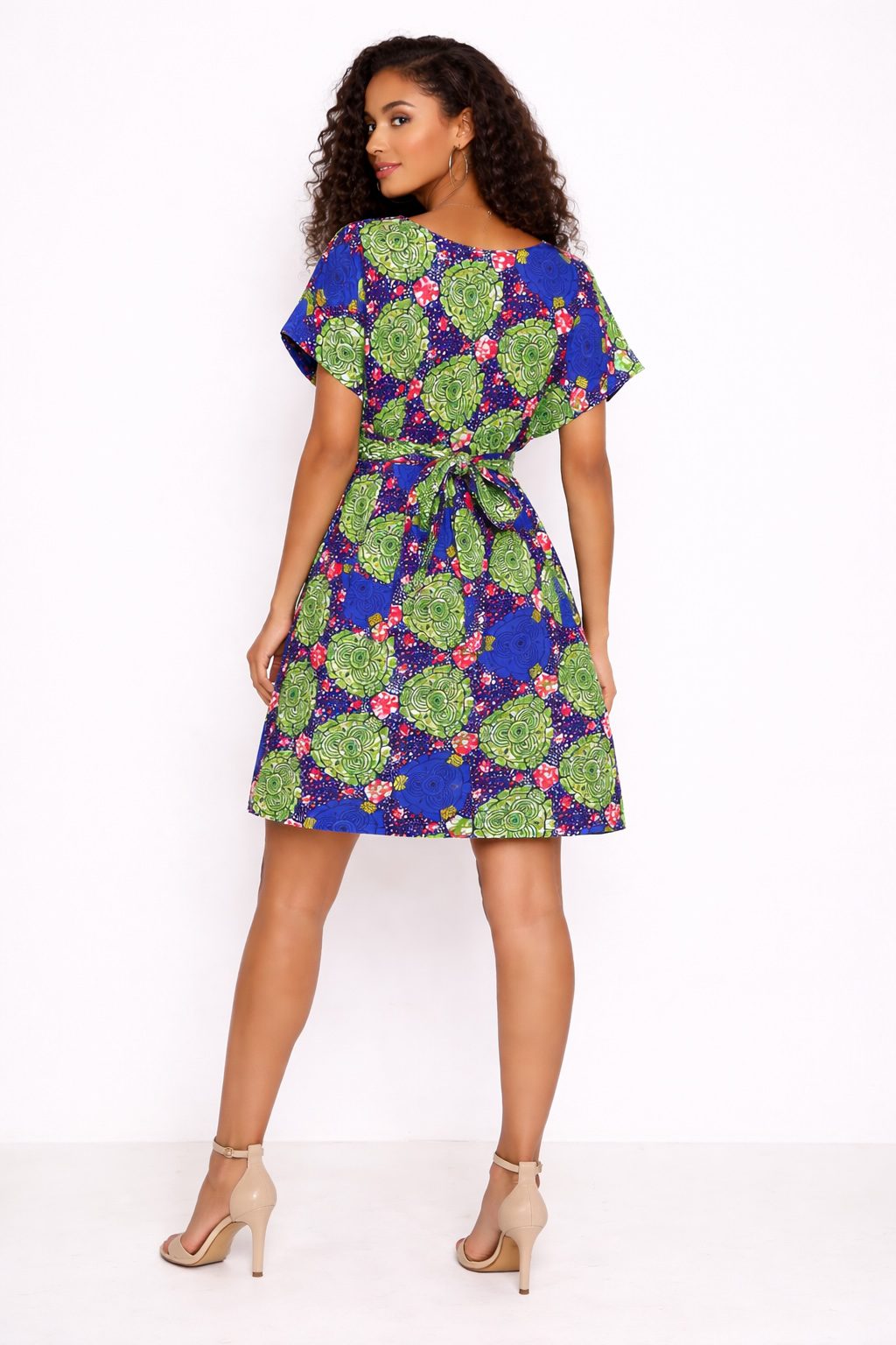 Green Blue African Print Mini Dress – Short Sleeve Belted Ankara Dress