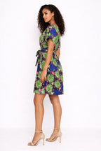 Green Blue African Print Mini Dress – Short Sleeve Belted Ankara Dress