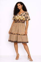 Beige Brown African Print Knee Length Dress – Short Sleeve Fit & Flare Dress