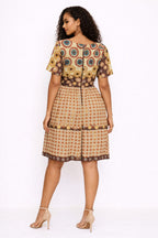 Beige Brown African Print Knee Length Dress – Short Sleeve Fit & Flare Dress