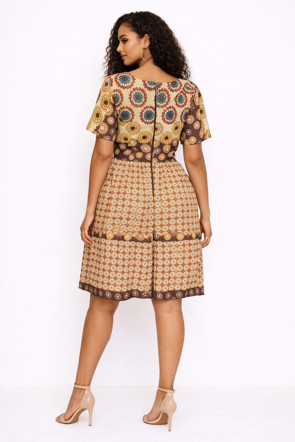 Beige Brown African Print Knee Length Dress – Short Sleeve Fit & Flare Dress