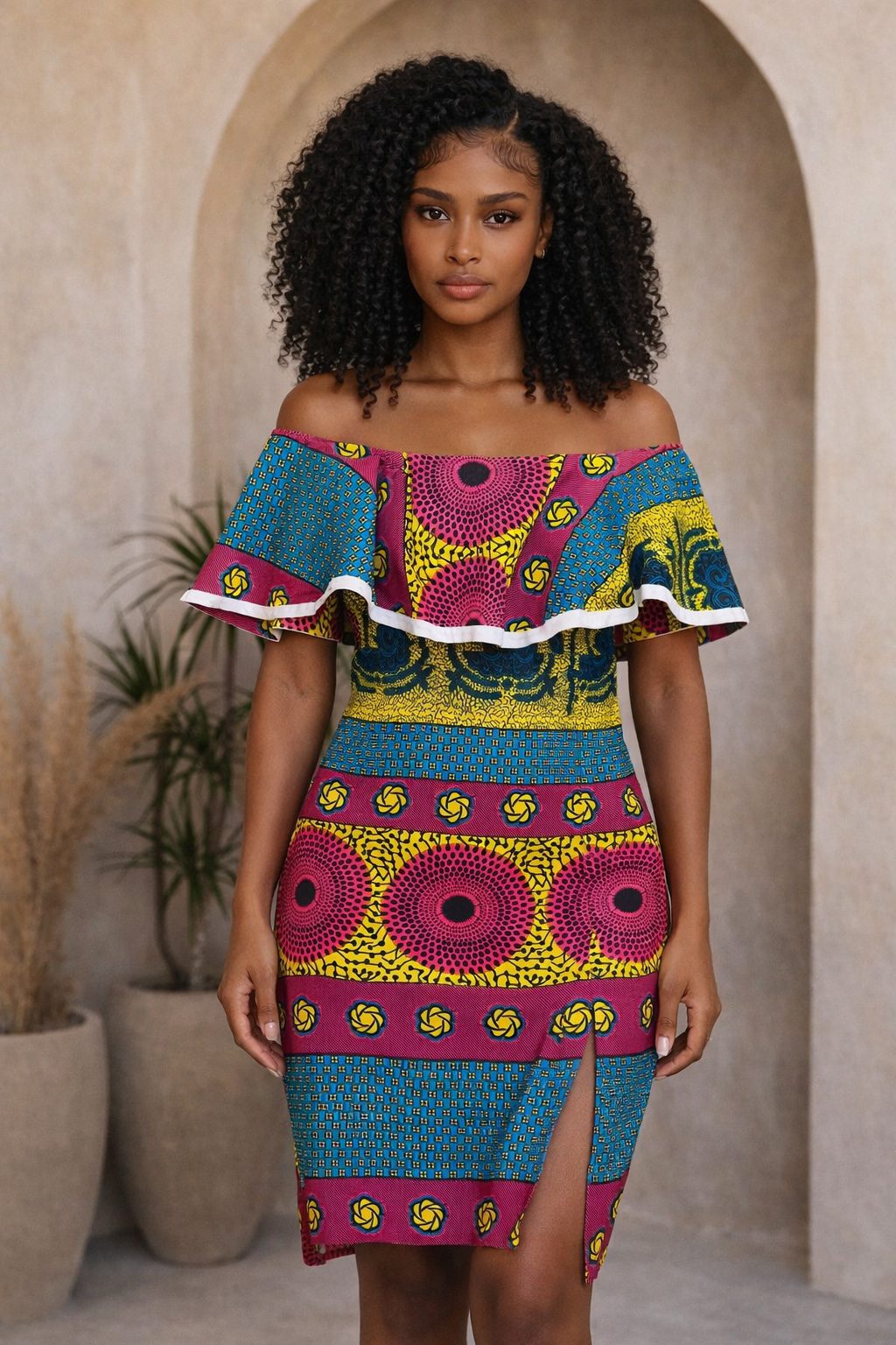 African Print Off Shoulder Bodycon Dress – Pink Blue Ankara Ruffle Dress