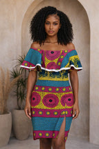 African Print Off Shoulder Bodycon Dress – Pink Blue Ankara Ruffle Dress