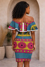 African Print Off Shoulder Bodycon Dress – Pink Blue Ankara Ruffle Dress