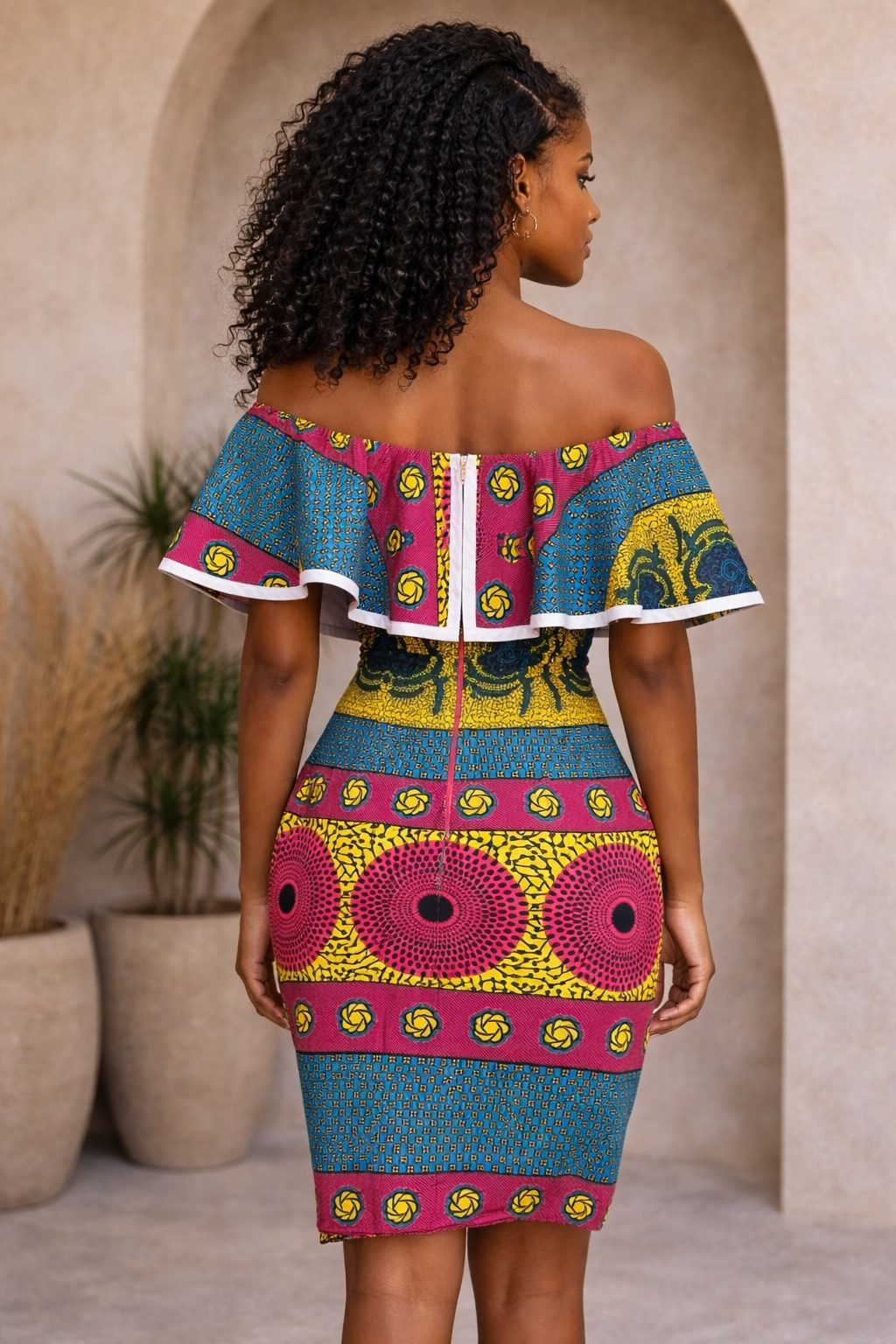 African Print Off Shoulder Bodycon Dress – Pink Blue Ankara Ruffle Dress