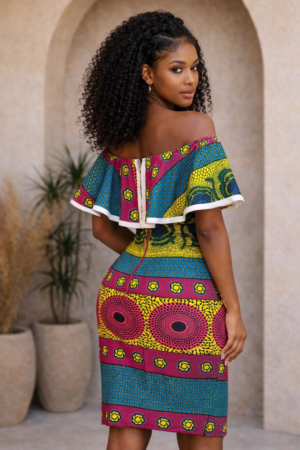 African Print Off Shoulder Bodycon Dress – Pink Blue Ankara Ruffle Dress