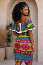 African Print Off Shoulder Bodycon Dress – Pink Blue Ankara Ruffle Dress