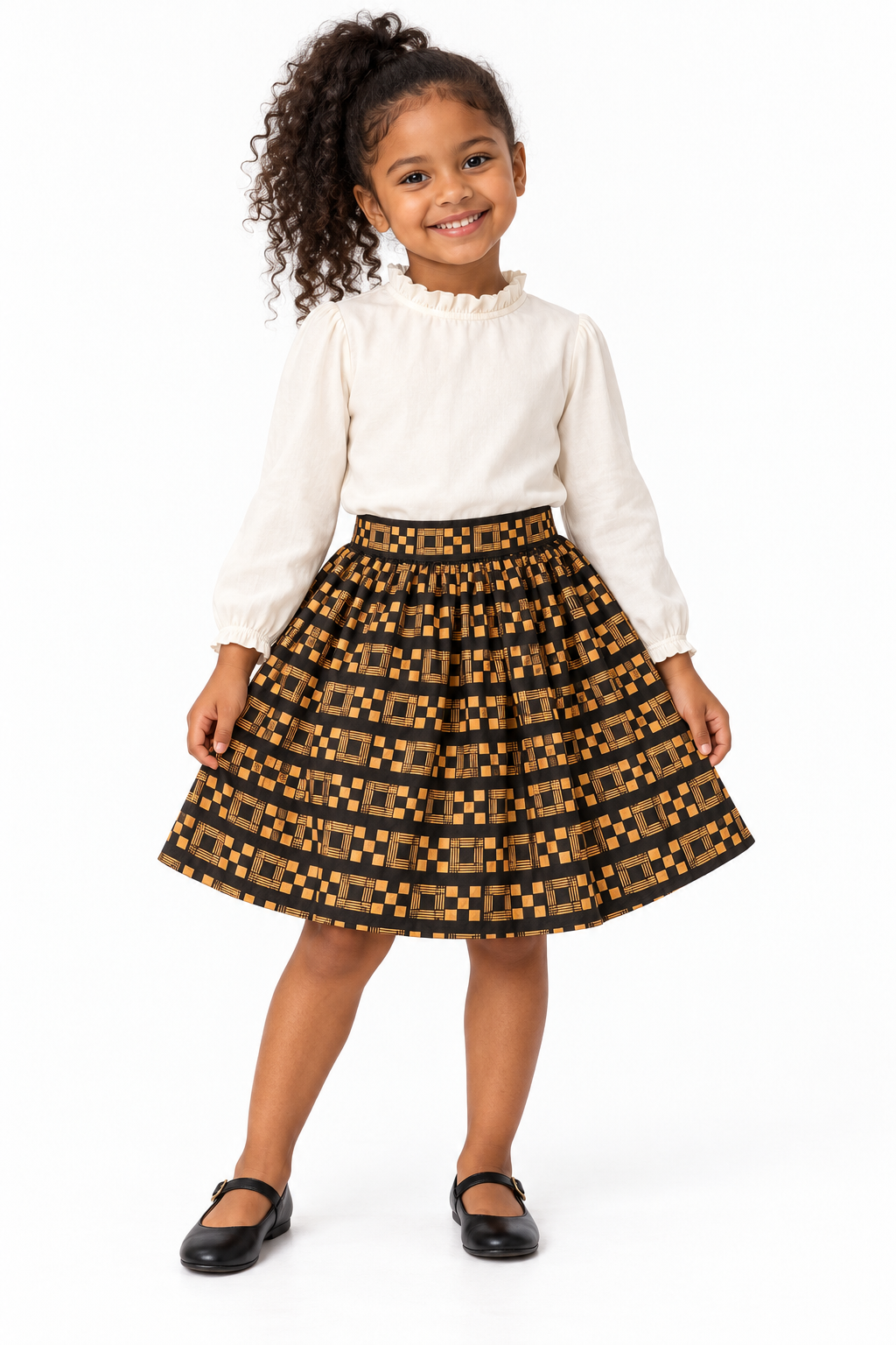 Girls African Print Ankara Flared Skirt – Black &amp; Gold | Age 4–6 Years