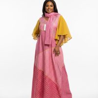Pink African Print Maxi Dress with Cape Sleeve