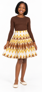 Girls African Print Flared Skirt – Cream, Mustard Yellow & Brown | Age 8–10 Years