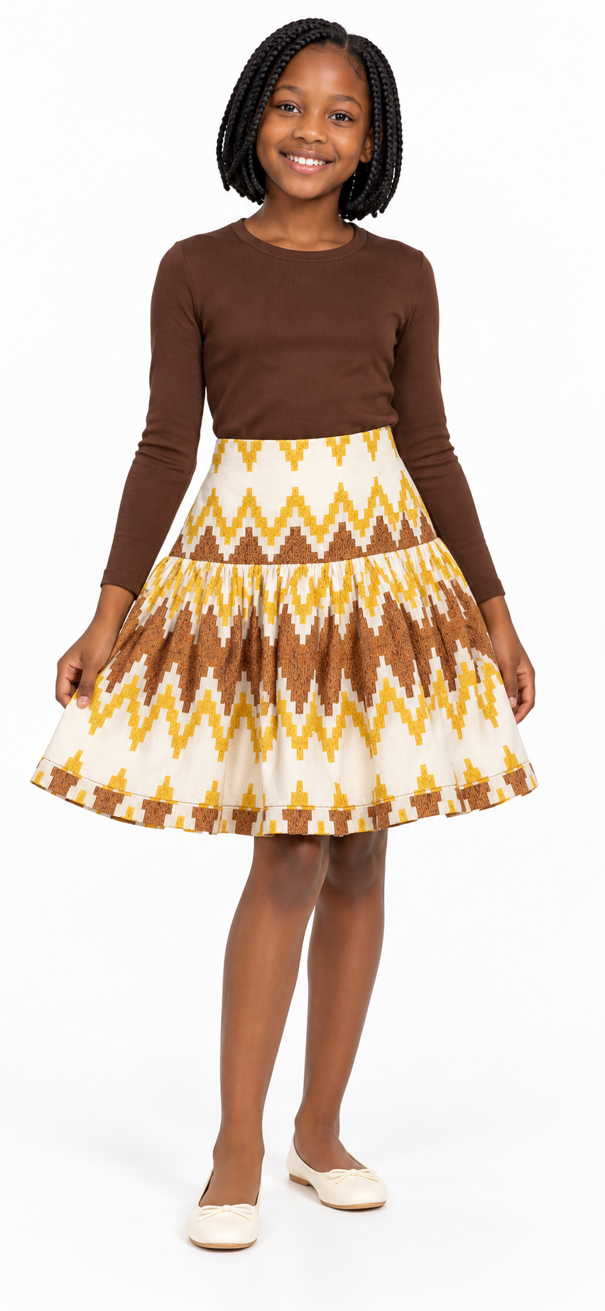 Girls African Print Flared Skirt – Cream, Mustard Yellow & Brown | Age 8–10 Years