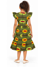 Girls African Print Green Bird Pattern Flutter Sleeve Midi Dress