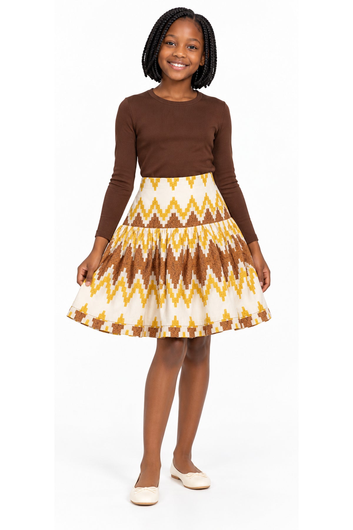 Susan Girls African Print Flared Skirt – Cream, Mustard Yellow & Brown | Age 8–10 Years