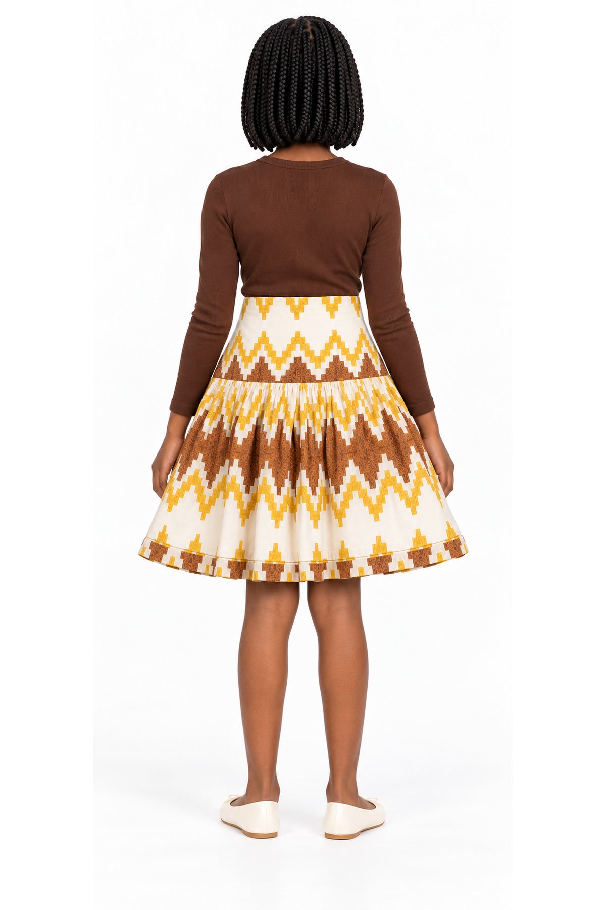 Susan Girls African Print Flared Skirt – Cream, Mustard Yellow & Brown | Age 8–10 Years
