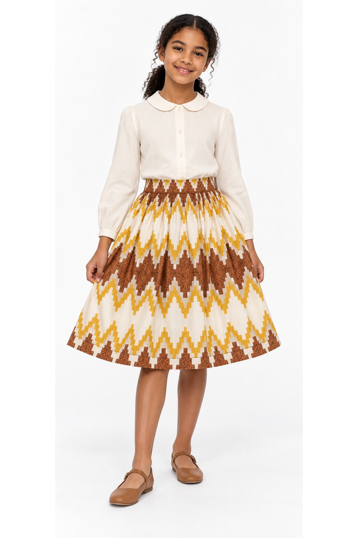 Naya Girls African Print Flared Skirt – Cream, Mustard Yellow & Brown | Age 8–10 Years