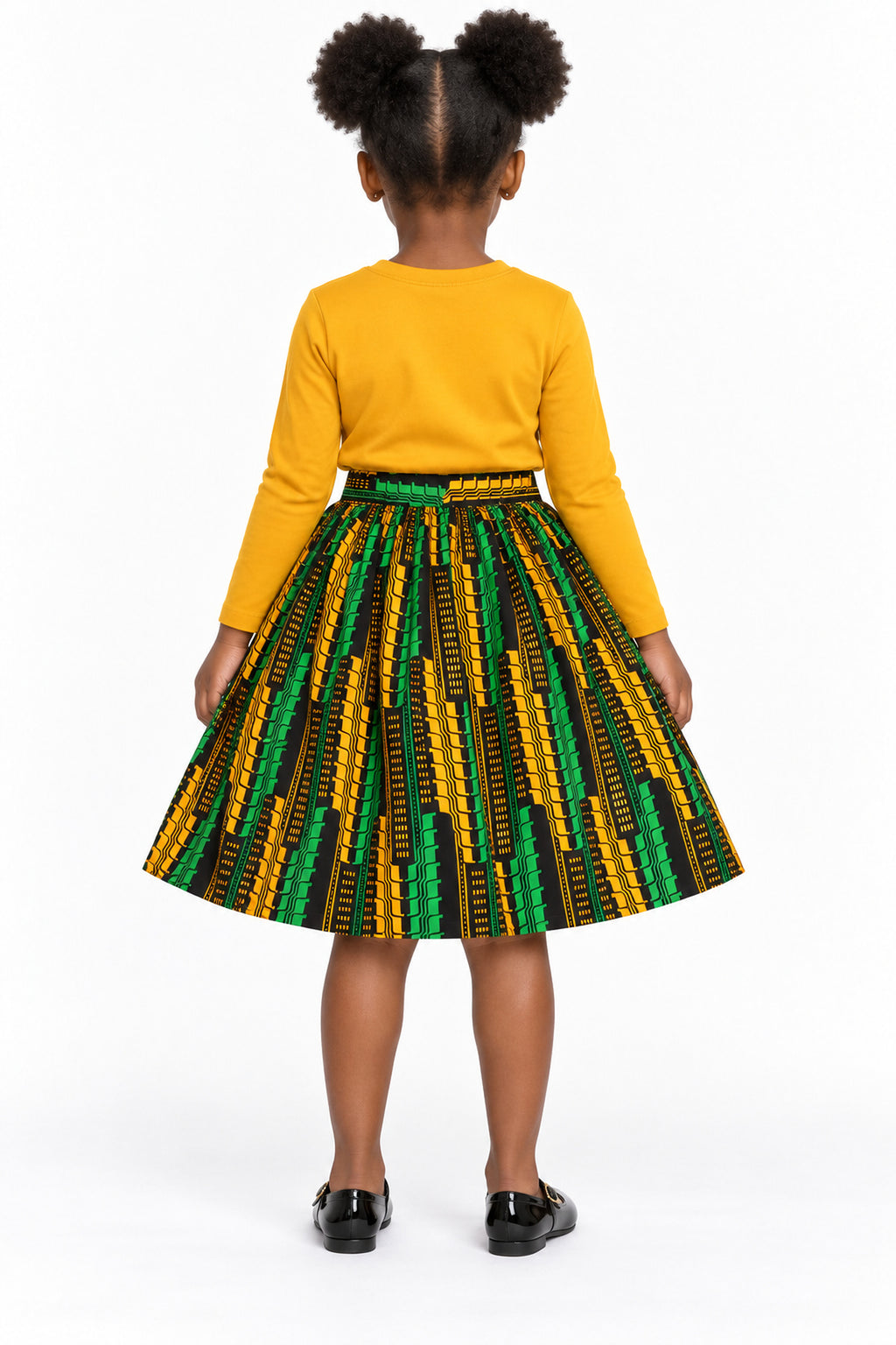 Bisi Girls African Print Flared Skirt – Green, Yellow & Black Ankara