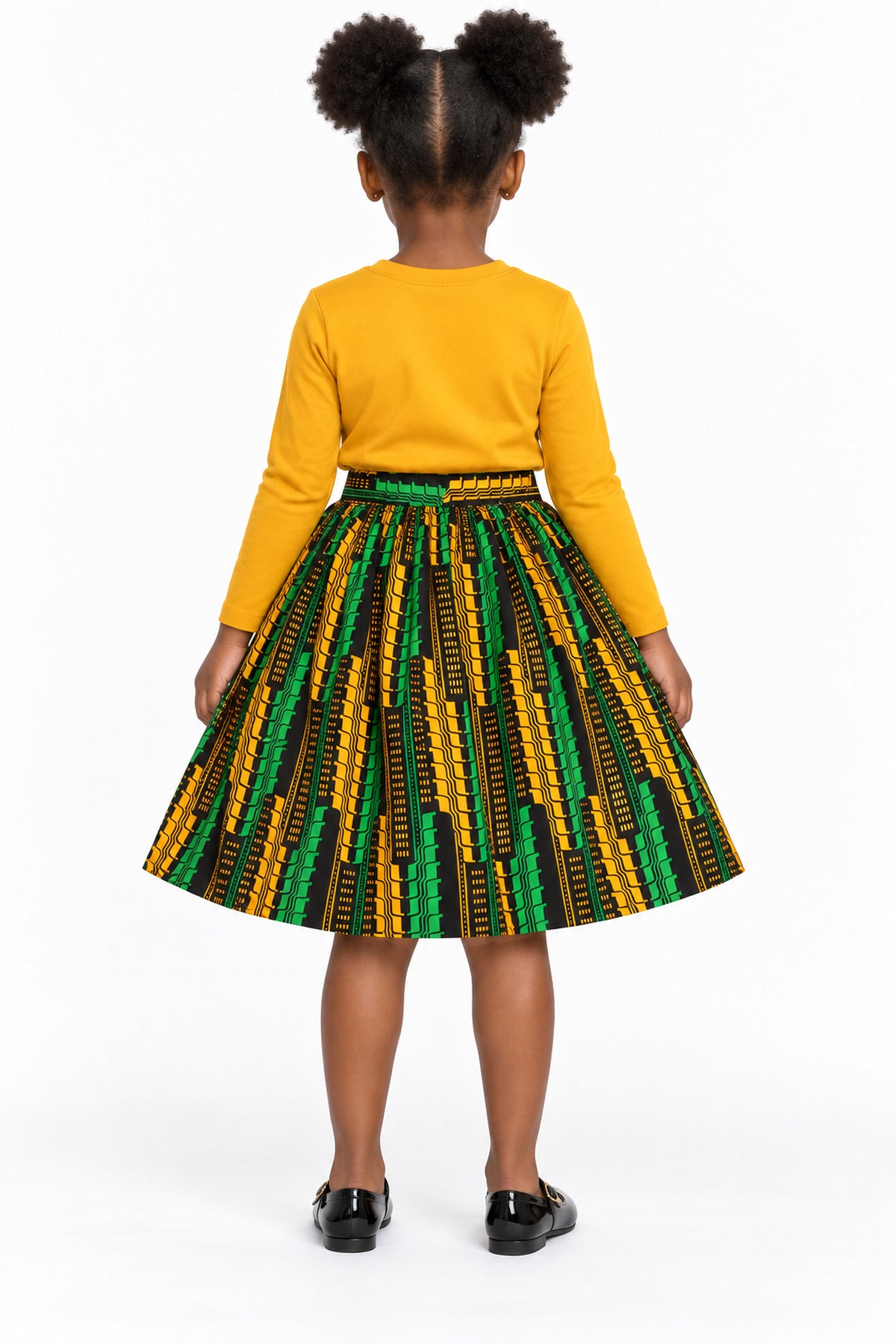 Bisi Girls African Print Flared Skirt – Green, Yellow & Black Ankara