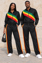 Unisex African-Inspired Black Tracksuit Set – Green, Yellow & Red Stripe Design