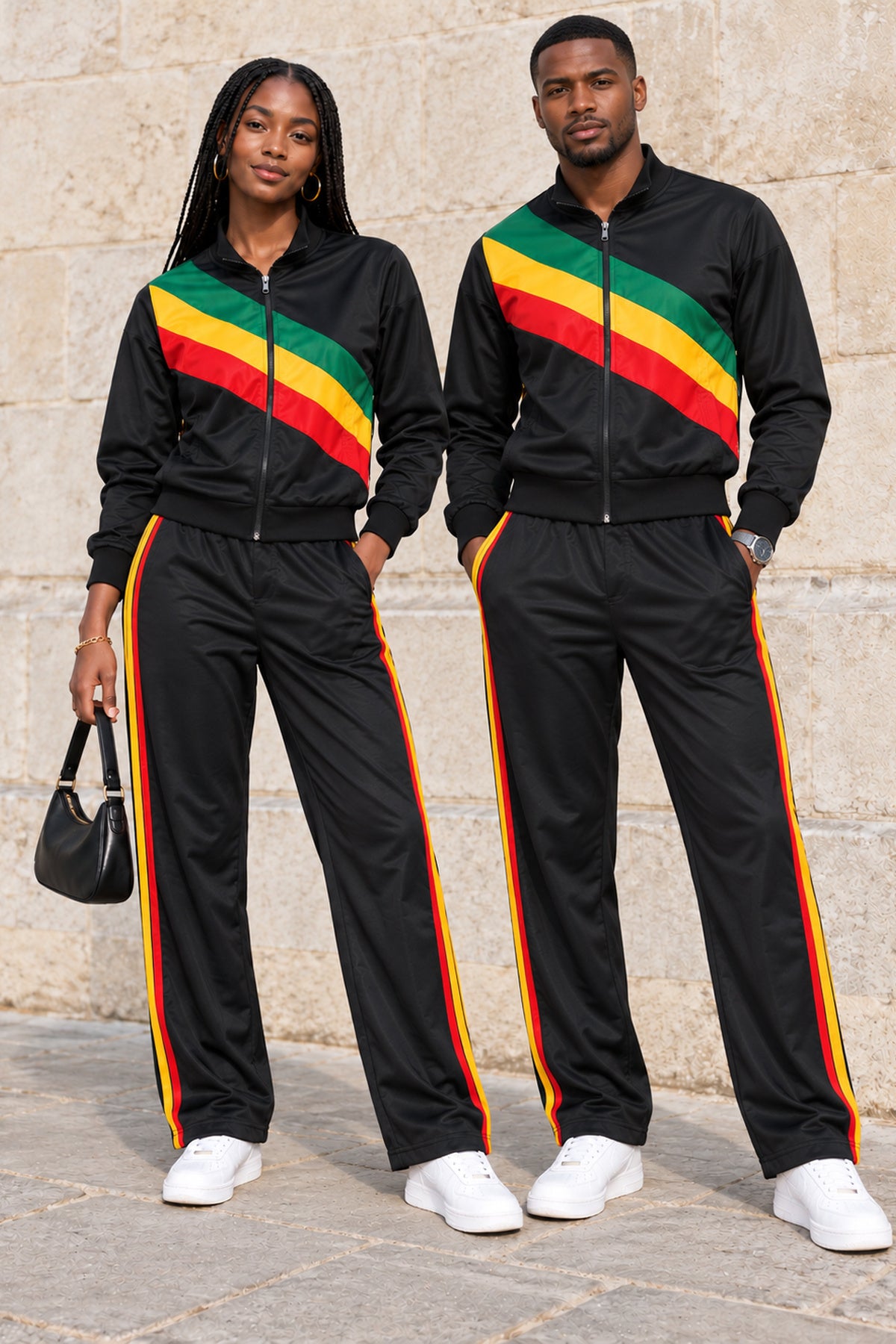 Unisex African-Inspired Black Tracksuit Set – Green, Yellow & Red Stripe Design