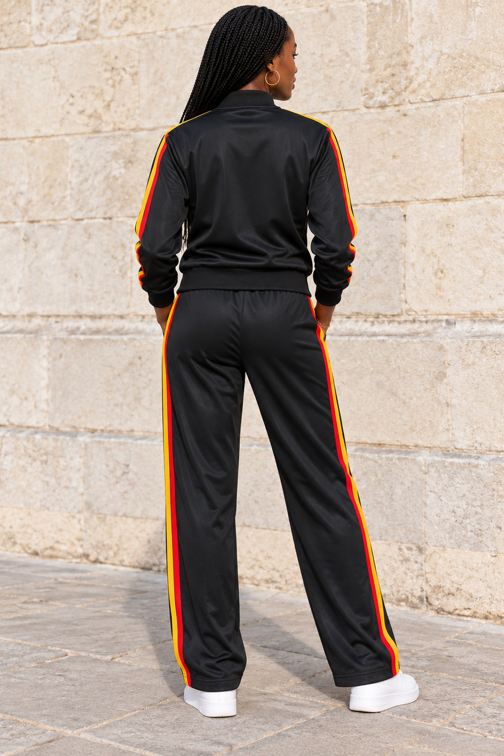 Unisex African-Inspired Black Tracksuit Set – Green, Yellow & Red Stripe Design