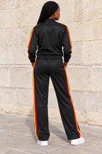Unisex African-Inspired Black Tracksuit Set – Green, Yellow & Red Stripe Design