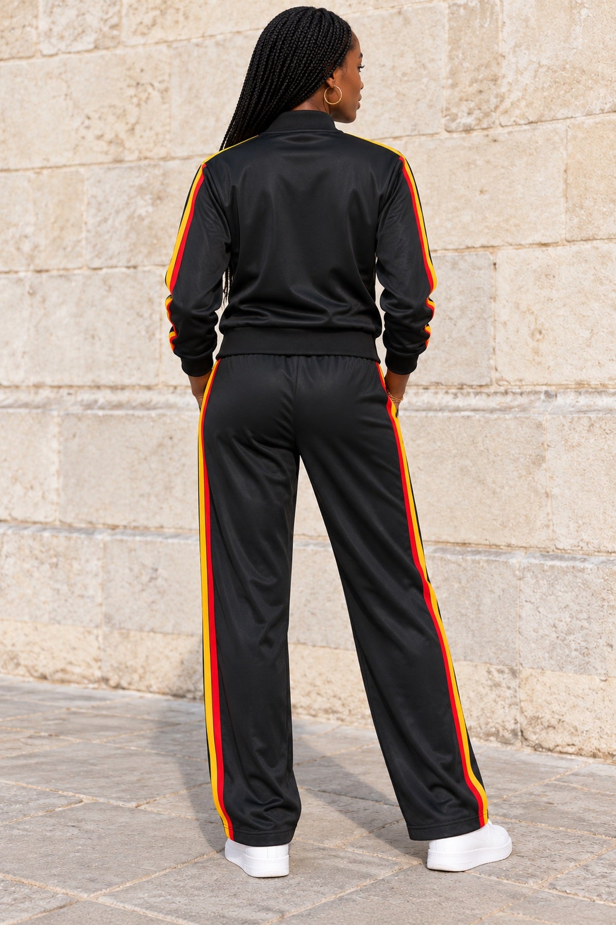 Unisex African-Inspired Black Tracksuit Set – Green, Yellow & Red Stripe Design