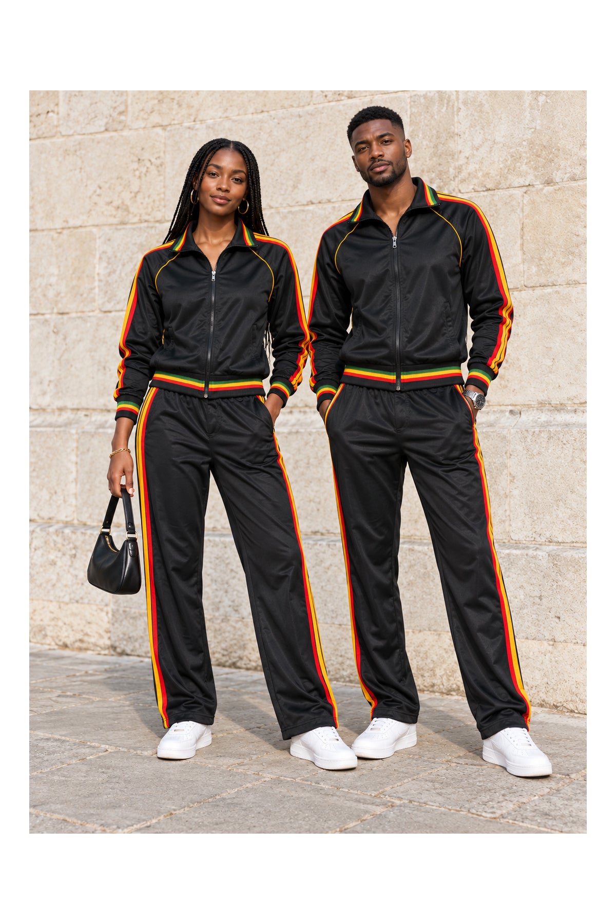 Unisex Black African Rasta Stripe Two-Piece Tracksuit Set – Red, Gold & Green